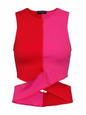 Naked Wardrobe Contrast Crop Top XL Red Pink Ribbed Cutout Stretch NWOT